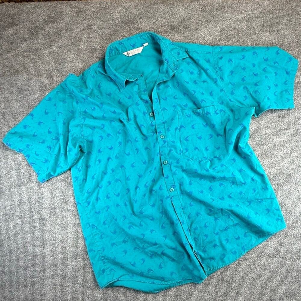 Columbia Fish Print Shirt Mens XL Teal Short Sleeve Button Up Casual Coastal